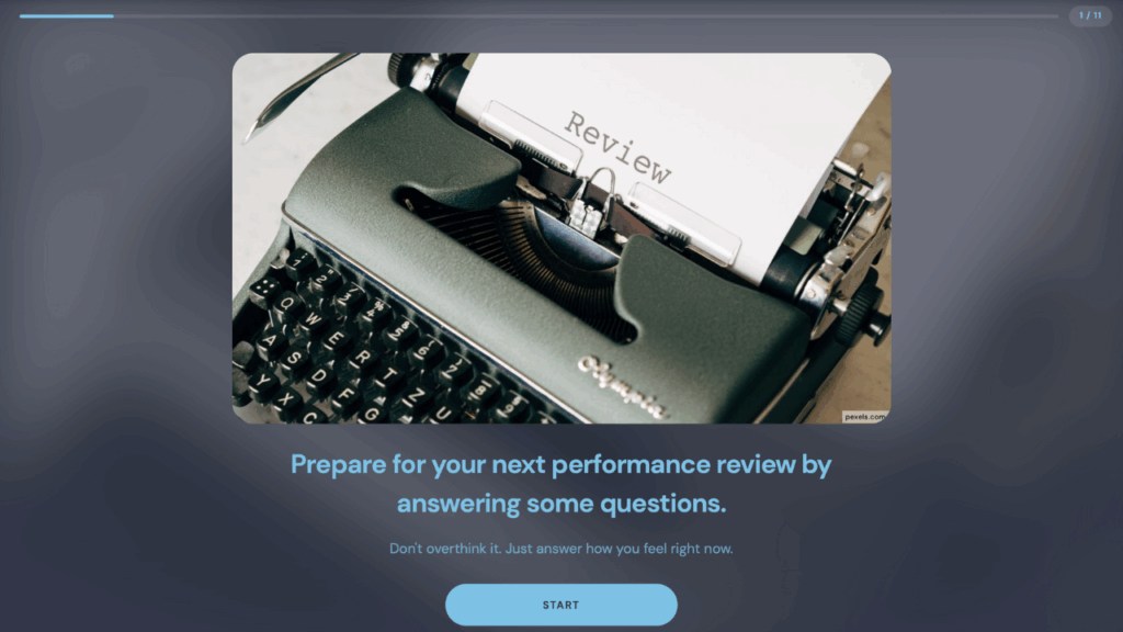 A black typer writer with "Review" written on the piece of paper currently being typed on. Underneath the typewriter is the title of the quiz "Prepare for your next performance review by answering some questions" as well as a "Start" button.