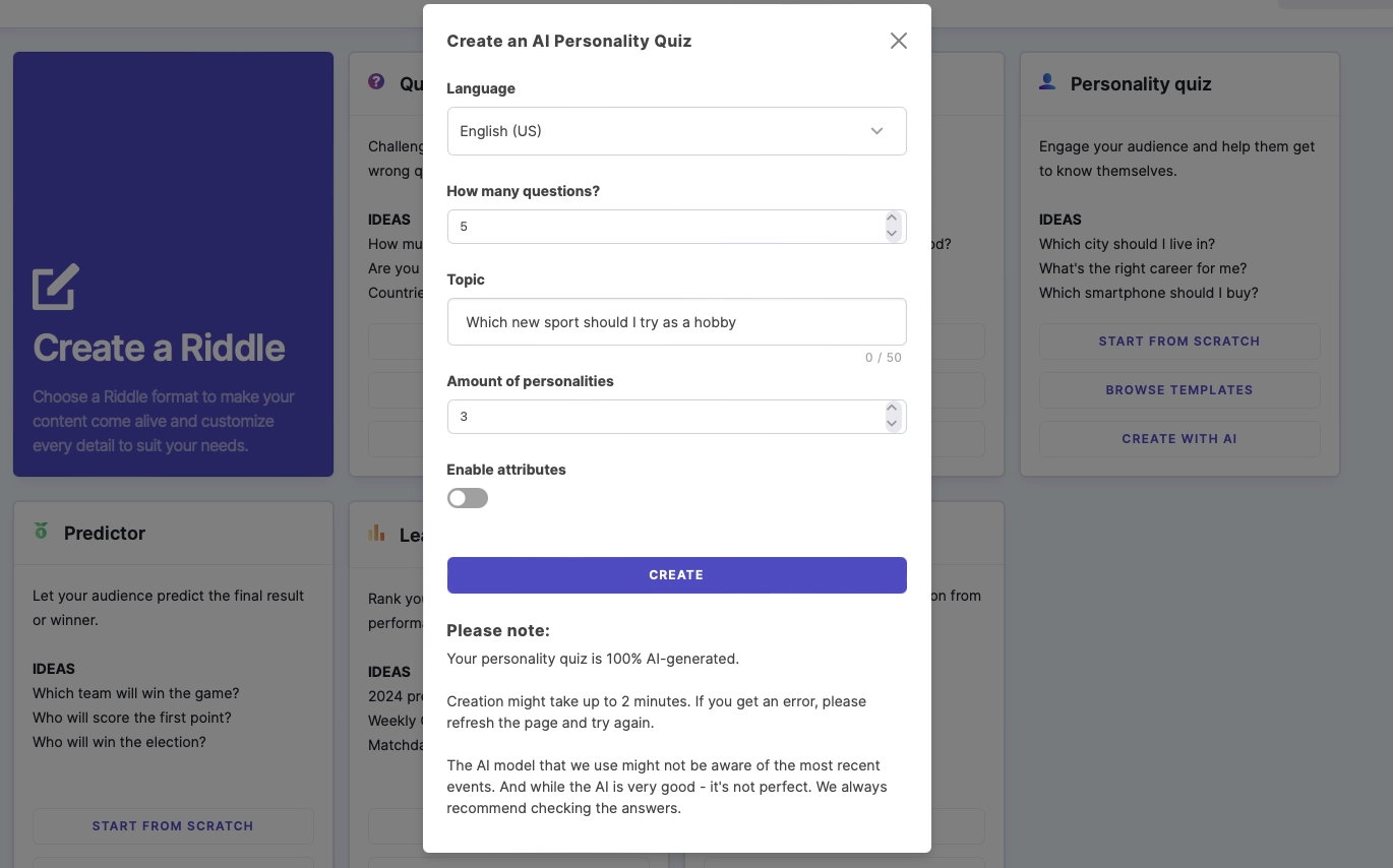 Create personality tests with AI on riddle.com