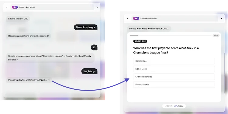 Automatically creating quiz or other interactive content using Riddle's quiz maker AI chat bot interface