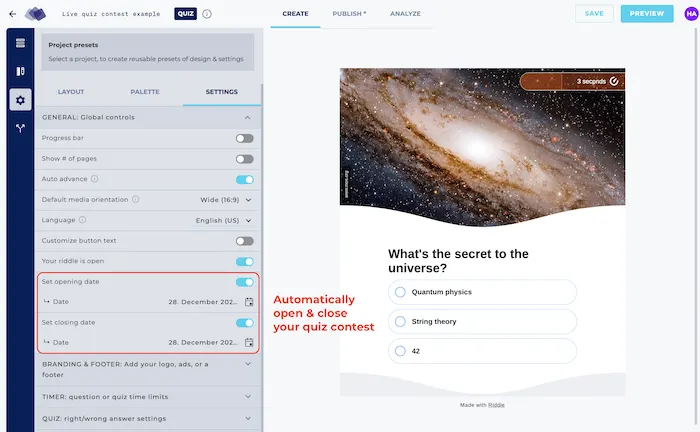Automatically open and close your online quiz contest at any date or time