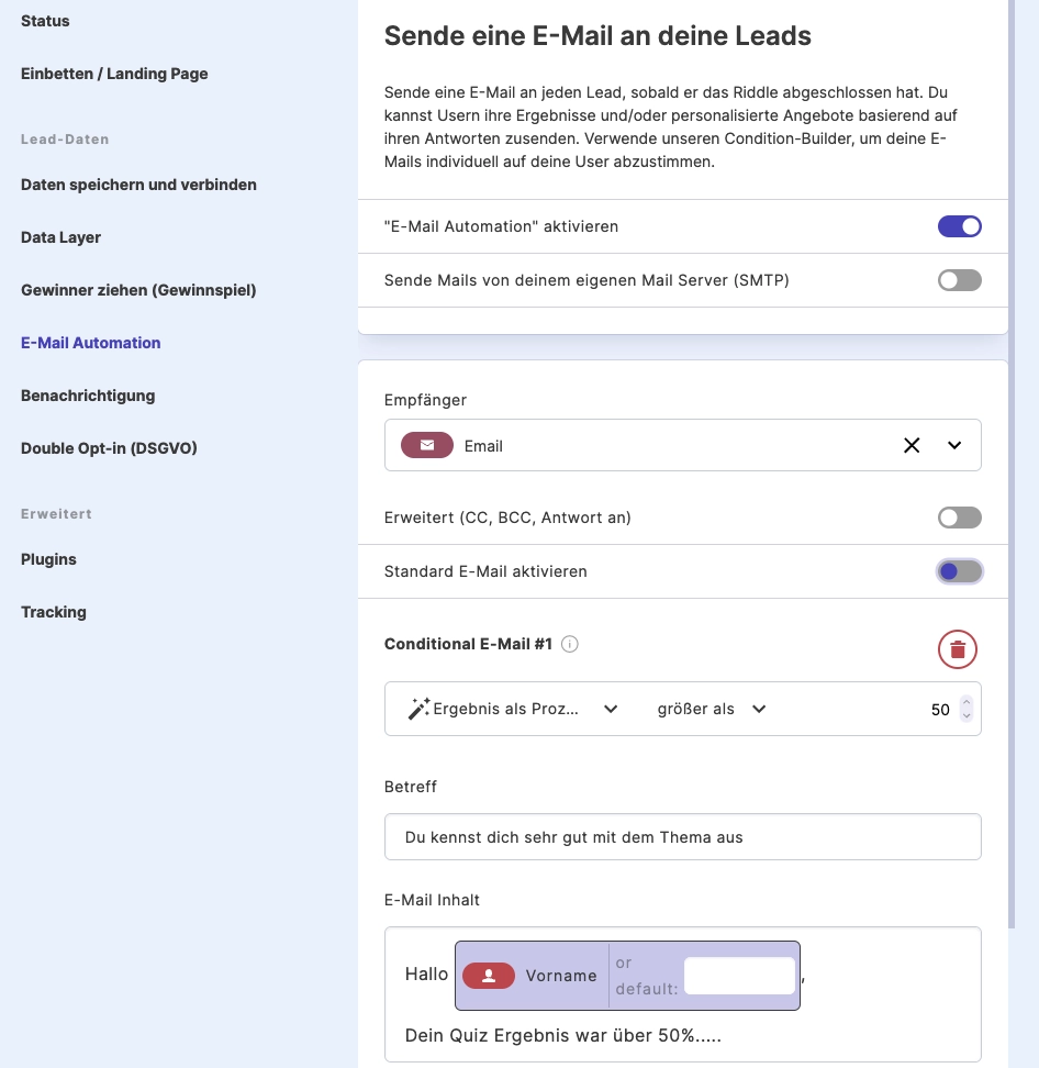 Personalisierte E-Mails direkt aus Riddle.com heraus versenden.