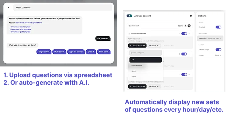 Automatically creating question bank using A.I. or uploading a spreadsheet of questions