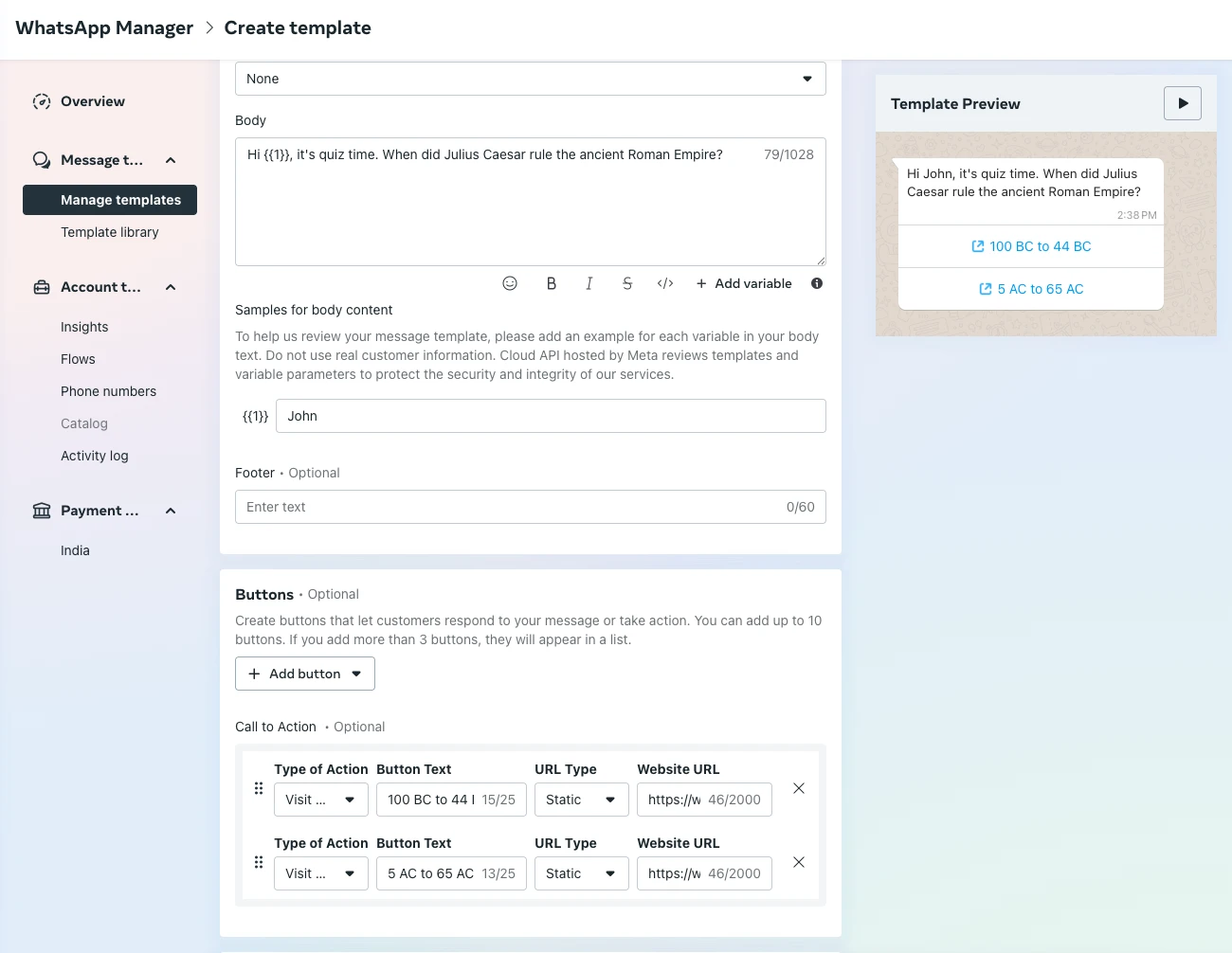 Create a message template in the WhatsApp business manager